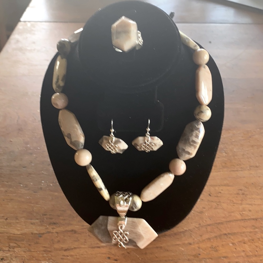 Jay King pink cedar stone necklace earrings & ring